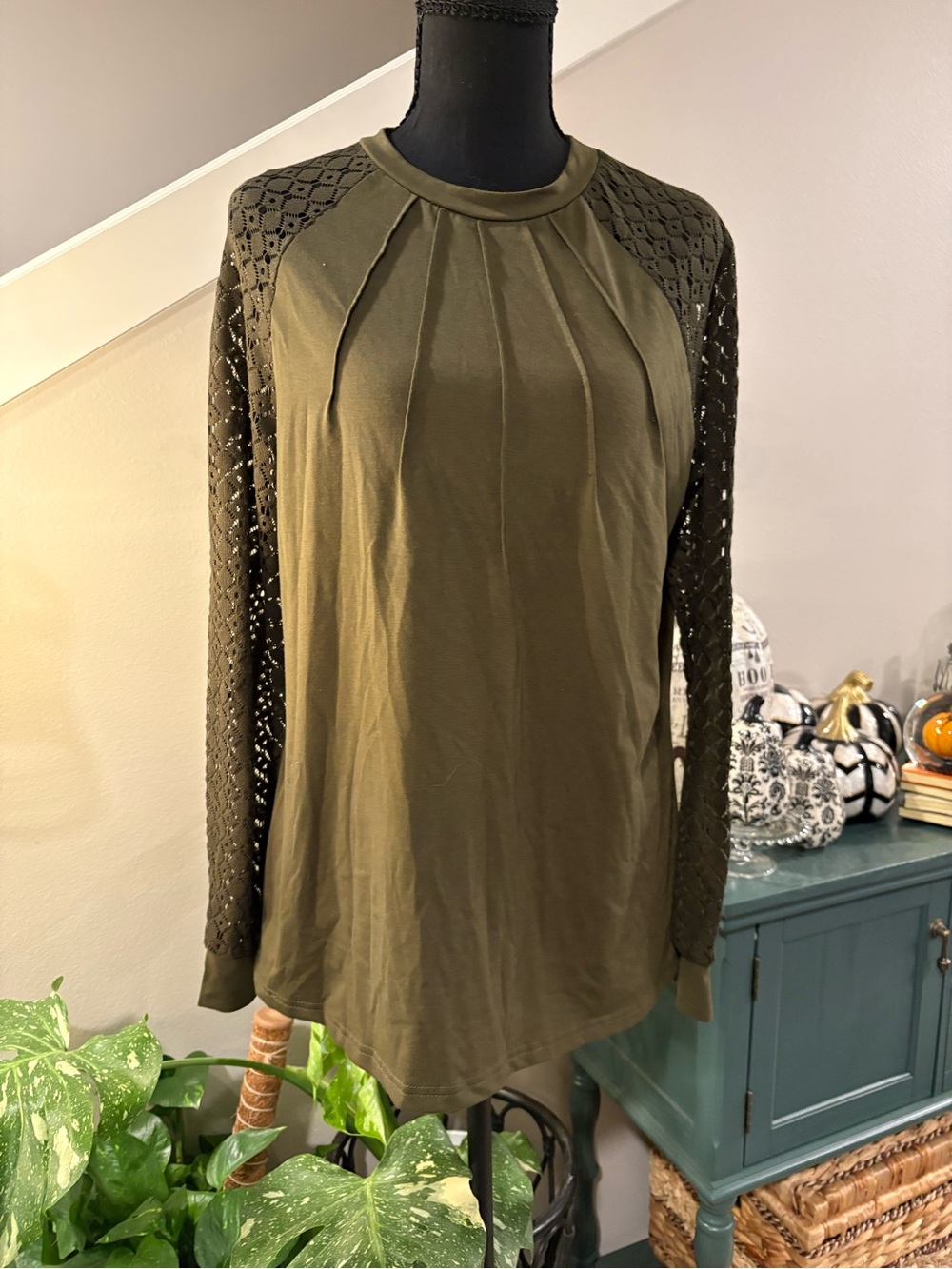 Olive Green Crochet-Sleeve Women's Blouse